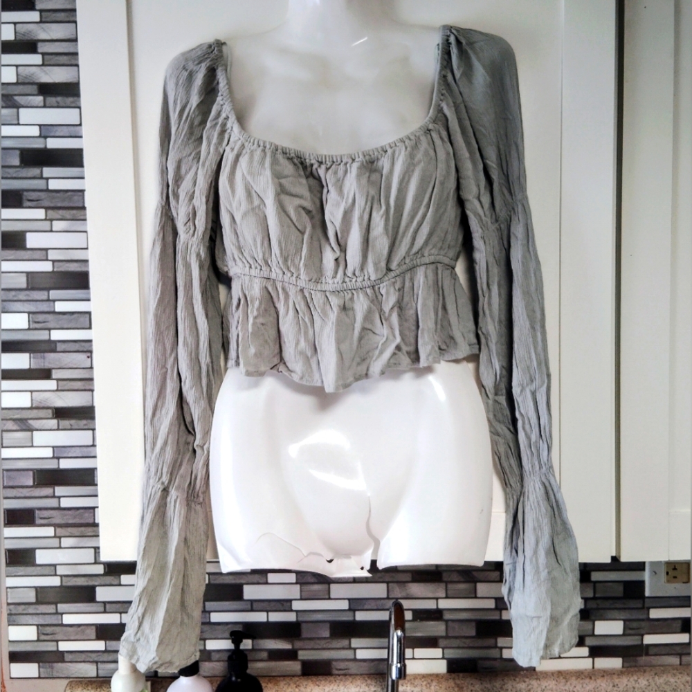 OAK + FORT 100% Cotton Long Sleeve Cropped Peasant Blouse SZ- S